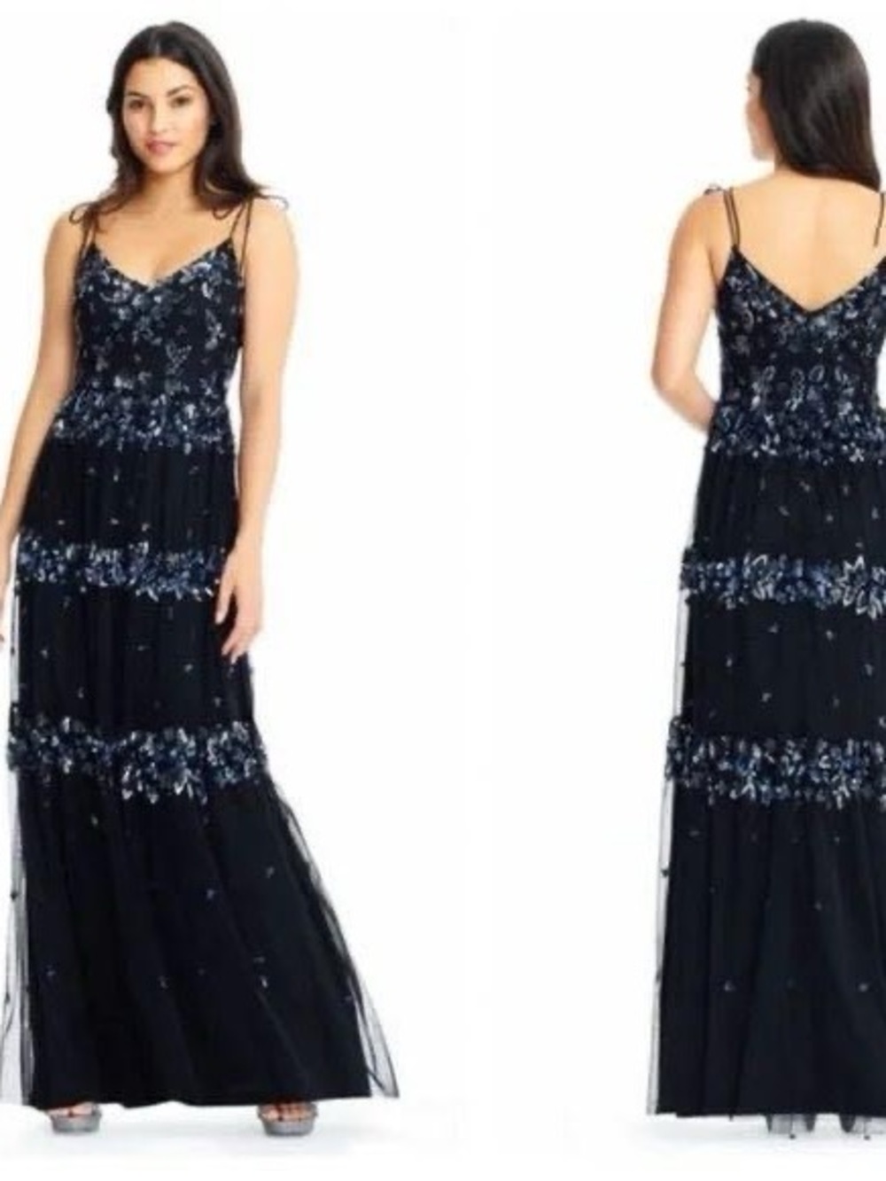 Adrianna Papell Beaded Long Dress Gown Black Blue Sequin Tie Strap Formal NWT